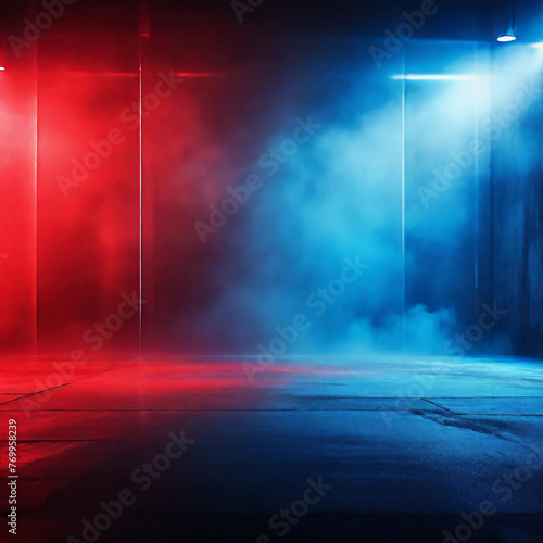 street style, abstract red and blue background, spotlights, concrete floor and studio room with faint smoke