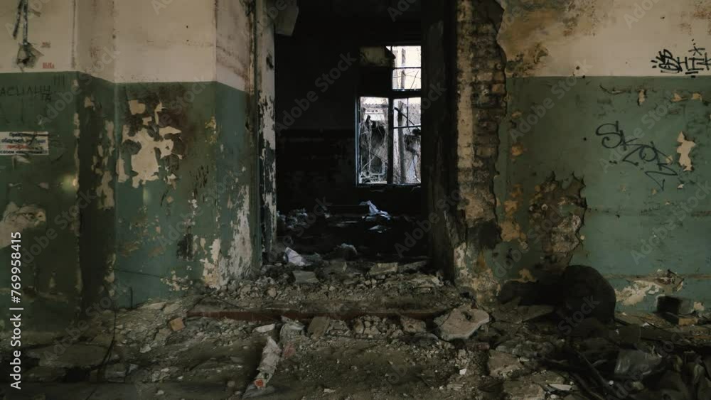 A haunting view of the dilapidated ruins of a building after a bombing ...