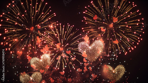 Close-up of heart-shaped fireworks bursting in the night sky against a black backdrop, customizable label space.