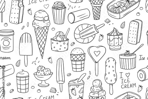 Seamless pattern of ice cream in doodle style. Ice cream waffle cones, ice cream bars on sticks. Great for summer dessert menu design, print, web or advertising. Coloring book. Hand drawn