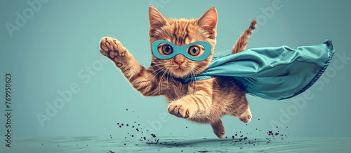 Felidae flying in electric blue cape and glasses, displaying carnivore prowess