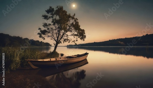 sunset on the lake. calm lake in the morning, waning moon, solar dawn, silhouette of a lonely tree, wooden