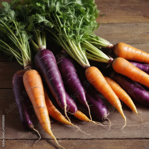 Freshly picked purple and orange carrots on a wooden table. Organic farming and vegetable growing concept for banner, flyer, poster, postcard.