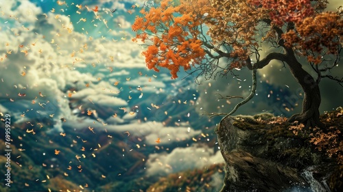 Autumn tree on cliff with flying leaves - Stunning fantasy landscape of an autumn tree on the edge of a cliff, leaves blowing in the wind, vibrant fall colors