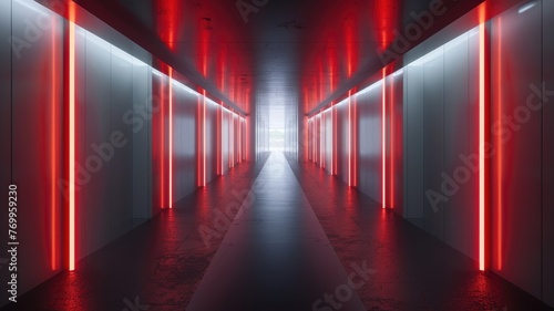 Atmospheric hallway with blue and red lights - This hallway blends cool blues with warm reds, creating a dramatic contrast that's both welcoming and foreboding