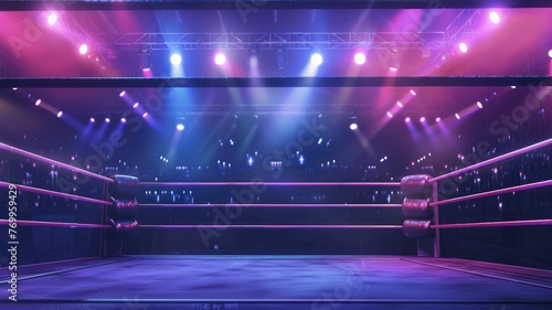 Empty Boxing Ring with Vibrant Lights - An image capturing an empty boxing ring under vibrant stage lights, invoking a sense of anticipation and excitement © Mickey