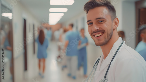 Young beautiful man doctor smiling, doctor in white lab coat in clinic with copy space