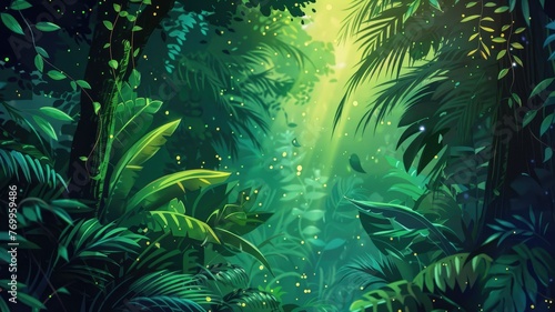 Enchanted jungle with magical light rays - A lush  dense jungle scene illuminated by enchanting light rays  capturing the beauty and mystery of nature
