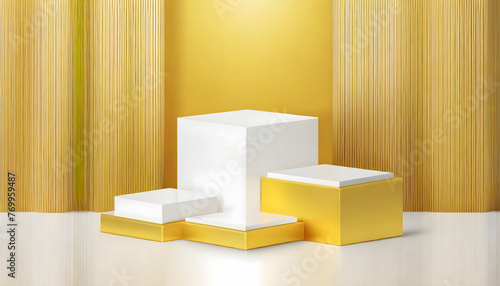 Set of yellow and white round corner cube pedestal podium. Minimal wall scene. Pastel color. Generative AI.
