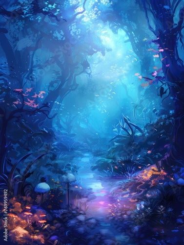 Enchanted forest pathway with glowing flowers - A dreamlike illustration of a magical forest pathway lined with glowing flowers and ethereal lighting © Mickey