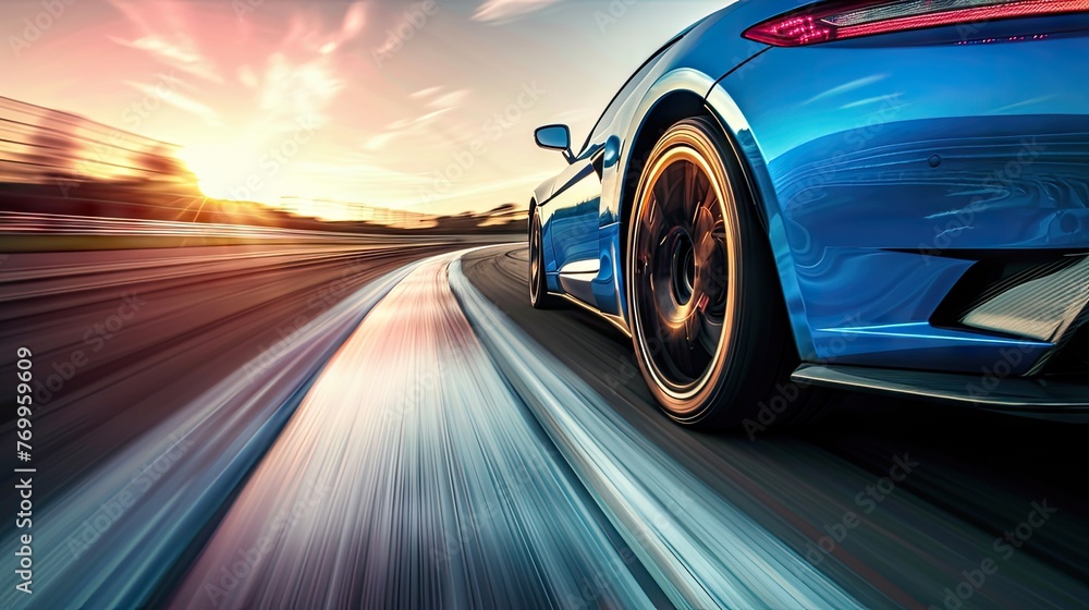 Blue sports car streaks across the raceway, motion captured, igniting the thrill of high-speed competition.