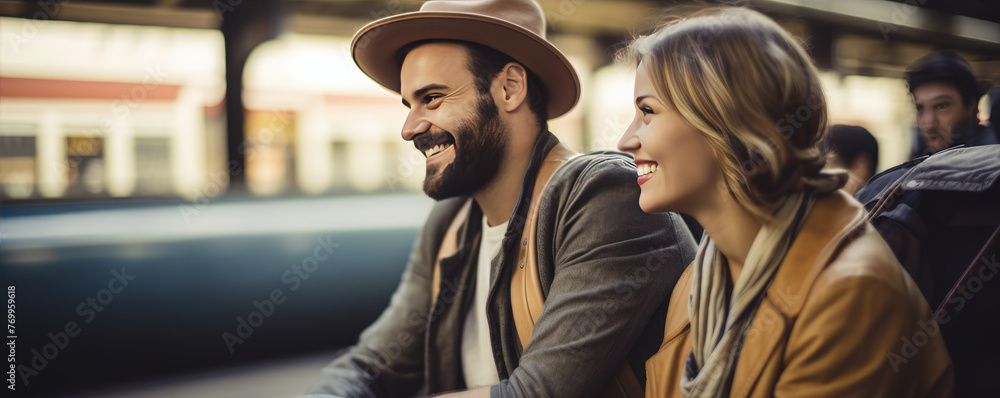 Happy young couple waiting on the train station, traveling to their vacation.  Active lifestyle concept