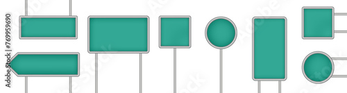 Set of teal green tablets, hanging panels, signboards with pointer isolated on a transparent background. Round and square signposts. 3D metal roadside pointers. Blank billboard