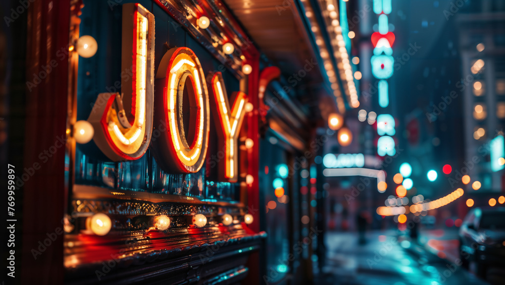 The word "JOY" in the form of an old cinema marquee in a city with blurred streetlights in the background. - obrazy, fototapety, plakaty 