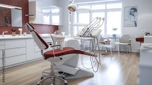 Modern dental office with dentist chair and tools