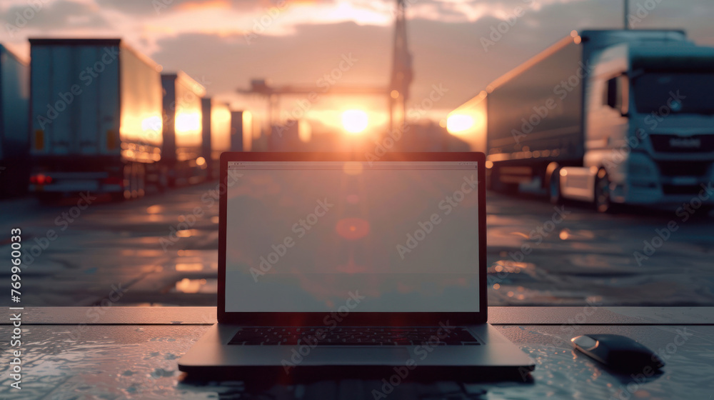 Fototapeta premium A solitary laptop on a reflective wet surface with trucks and containers in the background at sunset