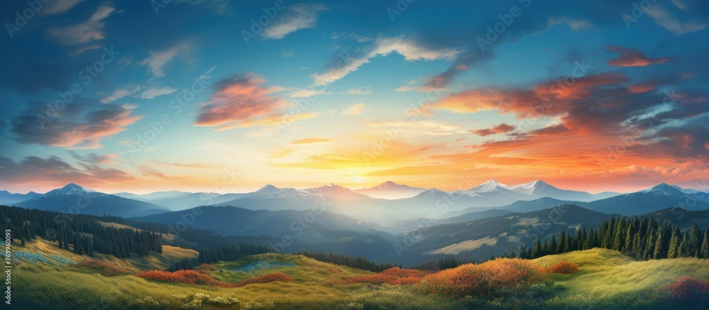 An art piece capturing the vibrant colors of a sunset over a mountain range, with clouds adding drama to the natural landscape