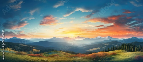 An art piece capturing the vibrant colors of a sunset over a mountain range, with clouds adding drama to the natural landscape