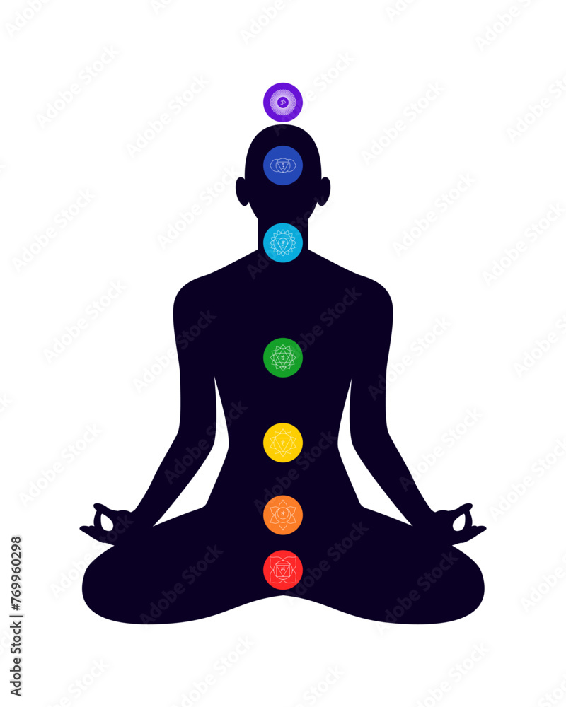 Chakra system on silhouette of human body sitting in lotus position ...