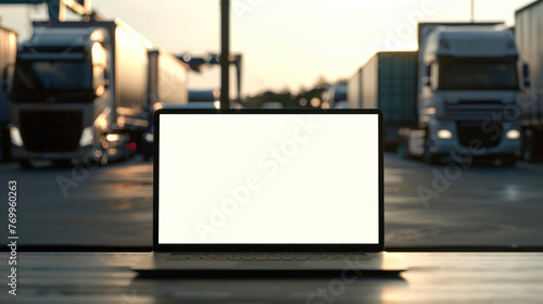 A laptop with an illuminated blank screen against a backdrop of transport trailers in a logistic hub at dusk