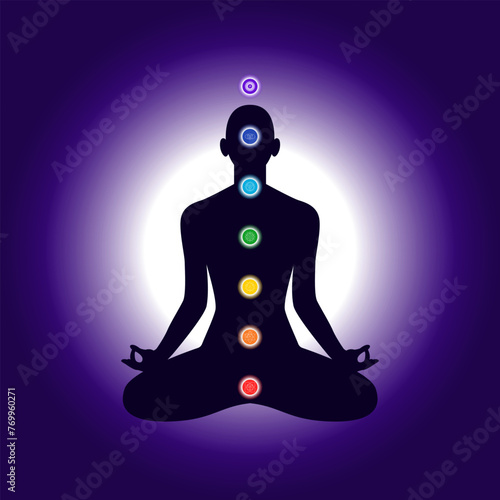 Chakra system on silhouette of human body sitting in lotus position. Charkas informational illustration dark gradient background