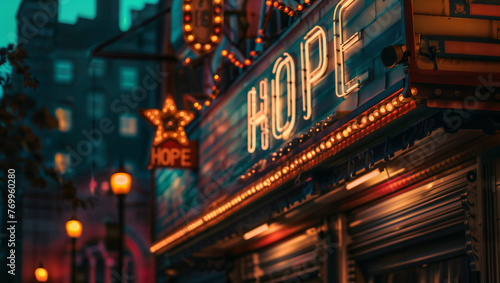 The word "HOPE" in the form of an old cinema marquee in a city with blurred streetlights in the background.