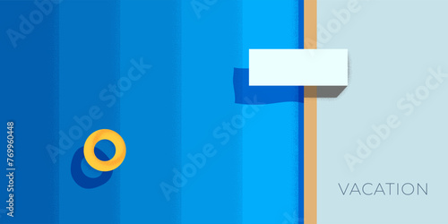 Abstract retro minimal summer travel horizontal banner. Swimming pool with diving board and inflatable ring on blue water on holiday poster. Hotel relax vacation trendy minimalist summertime eps print