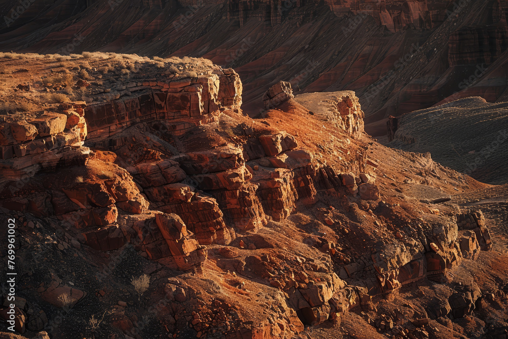 Obraz premium A rocky hillside with a sunset in the background