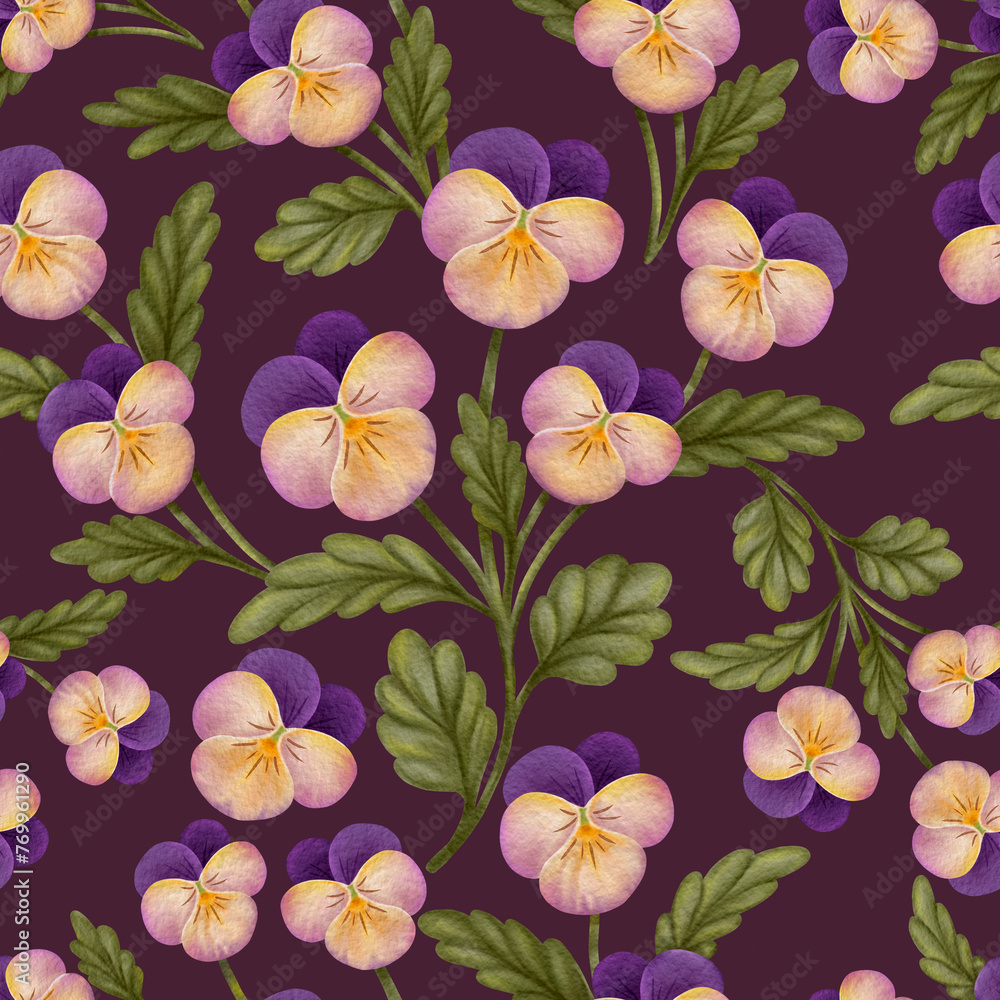 Violets, the process of drawing flowers, seamless pattern for fabric, paper, wallpaper, textiles, packaging, bed linen design, tablecloths, kitchen textiles, print, botanical patterns for decoration