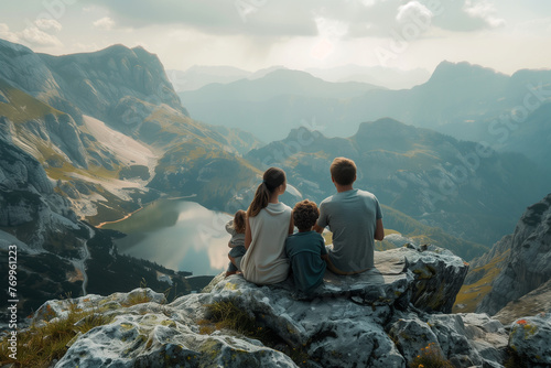young family, husband, wife and two children sitting on a mountainside, back view of people having a rest in the fresh air, family values concept photo