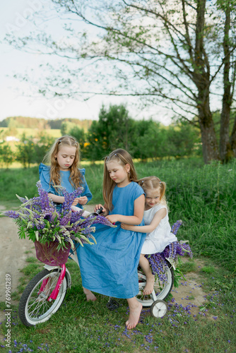 sisters in dresses on a pink bicycle with flowers in the park © Anastasiya Krychun