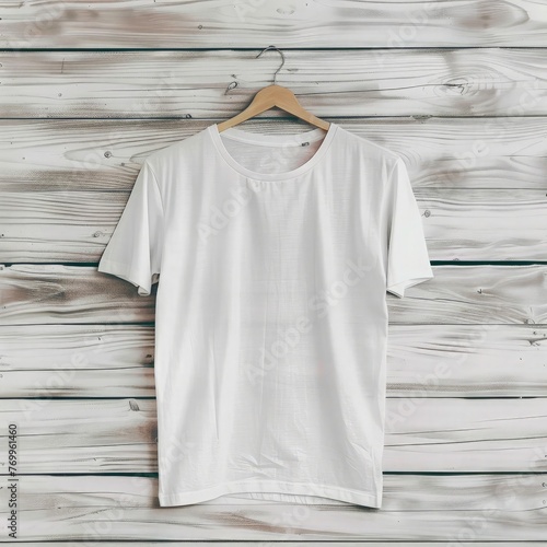 Highly detailed mockup of white tshirt on hanger, clean glossy wood background, flat lay, hyper realistic, stock photography style