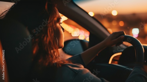 A contemplative woman driving a car during twilight, with soft bokeh lights in the background providing a calm atmosphere