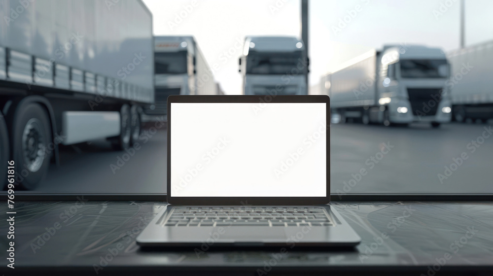 Laptop on desk with a background of trucks suggesting global trade and connectivity at dusk Laptop on desk with a background of trucks suggesting global trade and connectivity at dusk