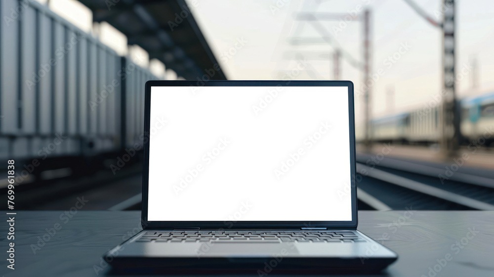A high-quality laptop mockup features a clear white screen sitting on a railway station platform A high-quality laptop mockup features a clear white screen sitting on a railway station platform
