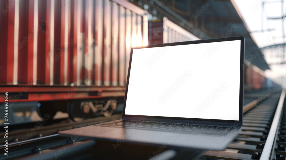 An open laptop with a white screen resting on railway tracks with cargo containers in the soft-focus background An open laptop with a white screen resting on railway tracks with cargo containers in the soft-focus background