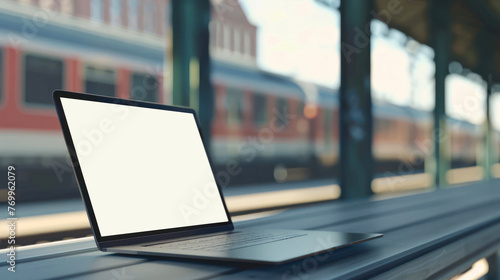 A digital tablet with a blank screen sits on a bench at an empty train station platform with passing trains