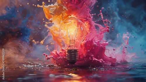 Lightbulb eureka moment depicted with impactful paint explosion symbolizes burst of creativity, fusion of thought, artistic expression photo