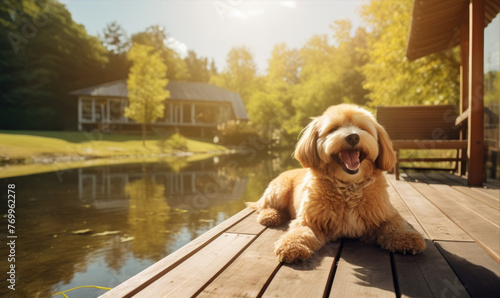 Happy dog on wooden terrace. photo