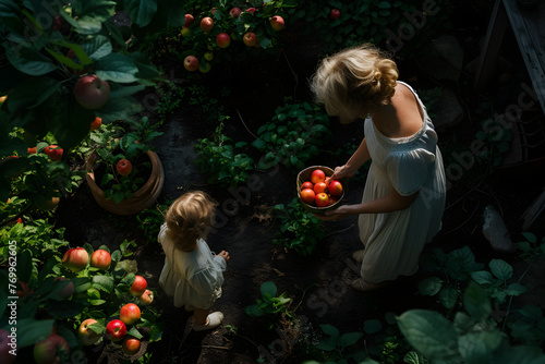 Mother and young daughter collecting apples in sunny garden. Gardening with child