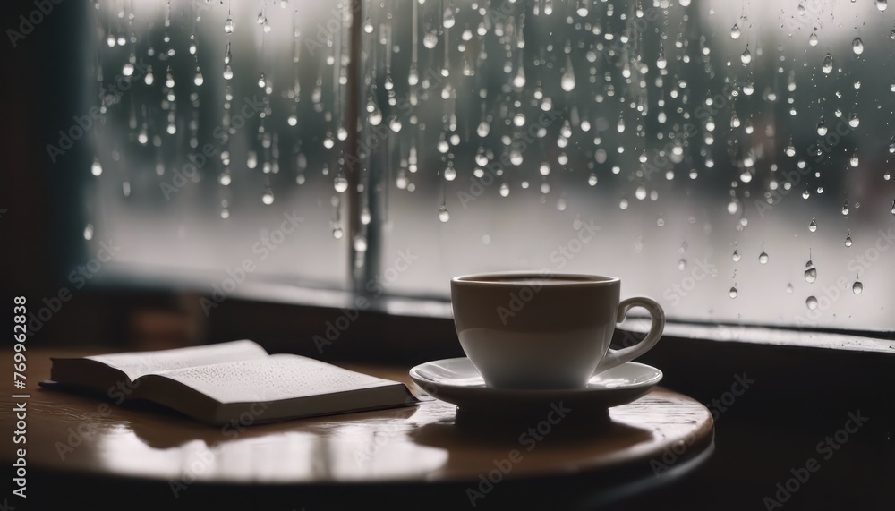 Rain falling on the glass window sill, flowing raindrops, comfortable rain sound ASMR, and a cozy caffe