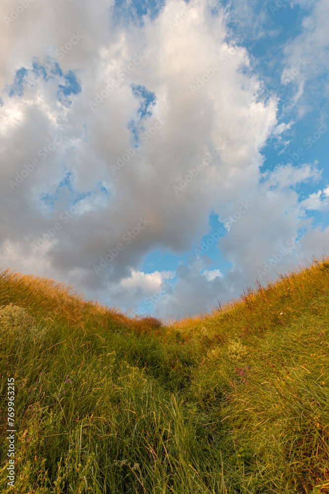 Pathway in the green ravine between lush grass slopes under the gorgeous summer blue sky with clouds. Pathway in the green ravine between lush grass slopes under the gorgeous summer blue sky with clouds.