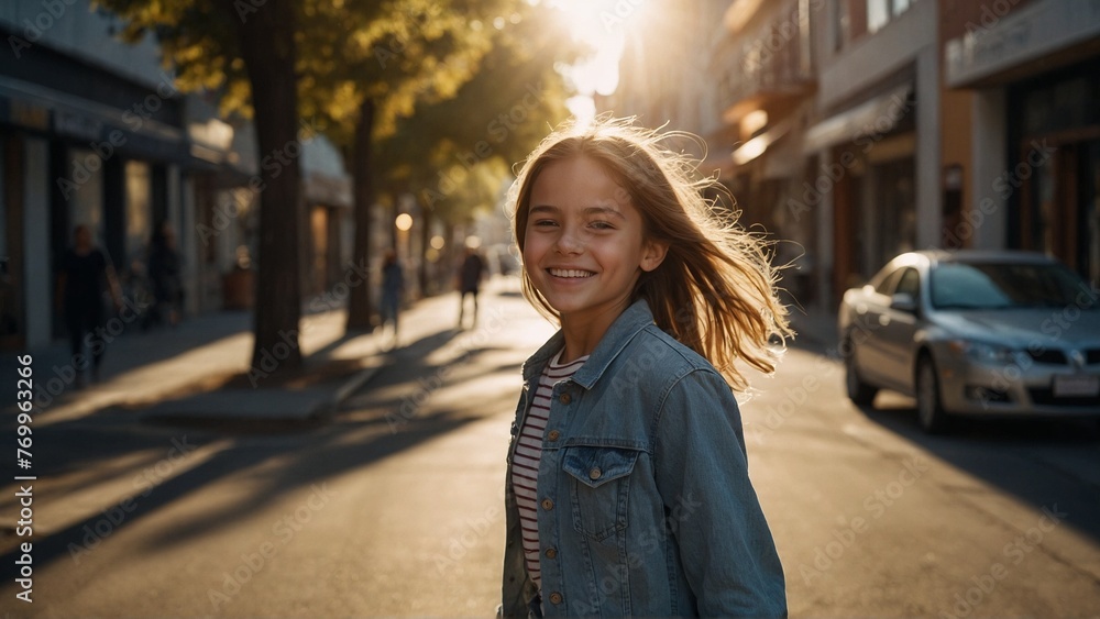 A happy girl with a bright smile, striding confidently down a sunlit street.