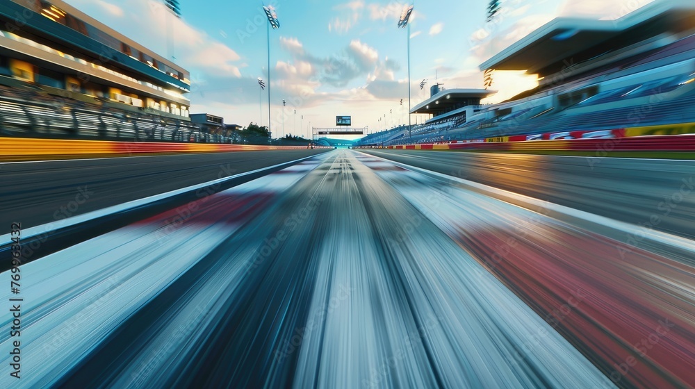 Speed spectacle! Blurred racetrack with starting or ending line captures the intensity of high-speed competition, thrilling spectators. Speed spectacle! Blurred racetrack with starting or ending line captures the intensity of high-speed competition, thrilling spectators.
