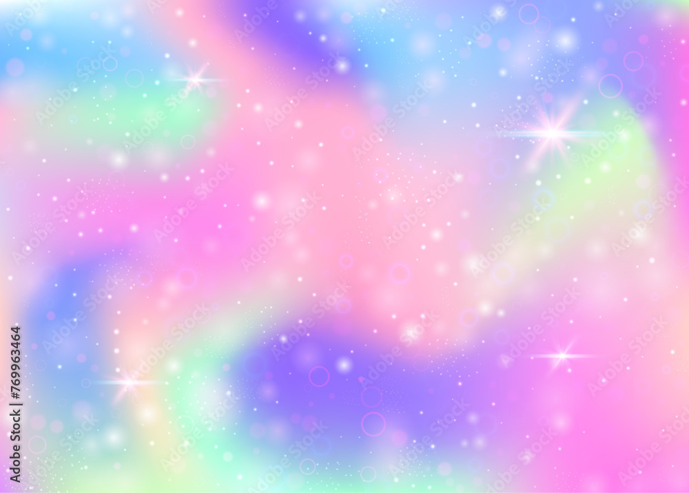 Holographic background with rainbow mesh. Girlie universe banner in princess colors. Fantasy gradient backdrop with hologram. Holographic unicorn background with fairy sparkles, stars and blurs.