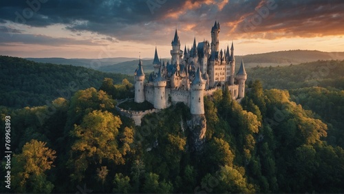 A magical fairy-tale setting with enchanted forests and castles