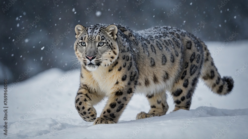 A rare snow leopard sneaking around in the snow. A rare snow leopard sneaking around in the snow.
