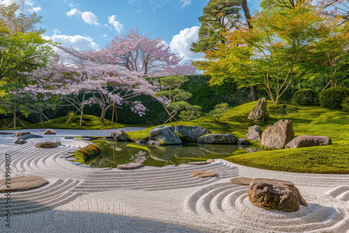 A Japanese garden with a pond and cherry blossoms