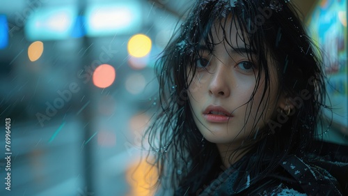 Pensive young woman in rain with city lights - A young woman's contemplative expression captured amidst rain against a backdrop of city lights