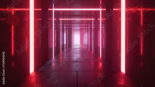 Red and pink neon tunnel with urban vibe - An urban-themed image displaying a tunnel bathed in deep red and pink hues, accentuated by neon lights